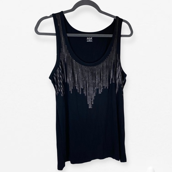 ANA Black Sequin Accent Sleeveless Stretch knit Tank Top L - Picture 5 of 8